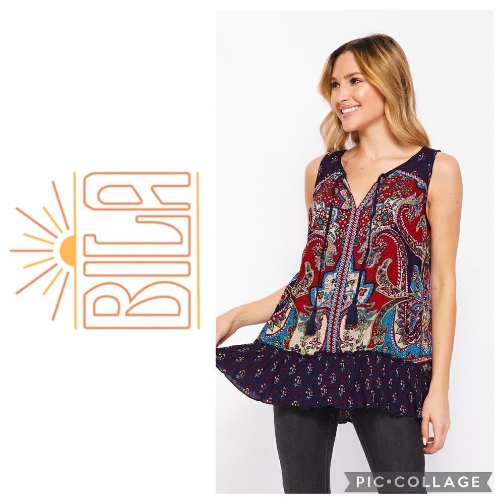 Bila jessica mixed paisley- boho V neck tassel top high low hem size Med